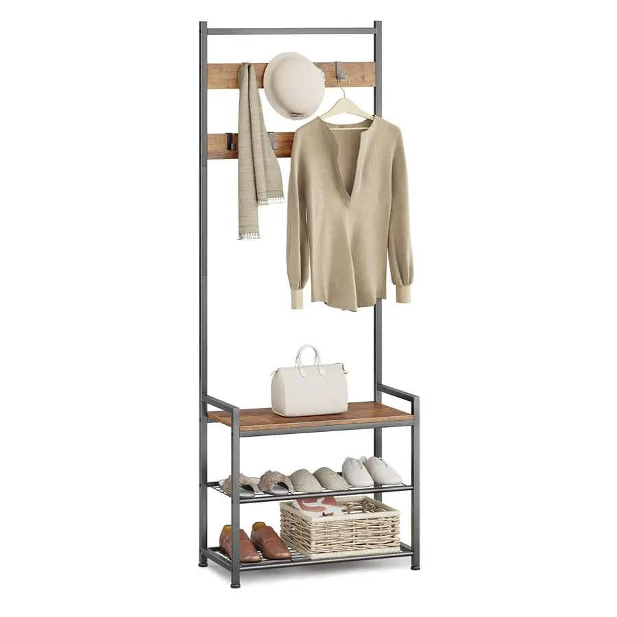 

Вешалка-стойка для прихожей с местом для обуви, скамья-вешалка для прихожей с хранением, мебель с эффектом дерева и металлическим каркасом, дизайн 3-в-1, Ru