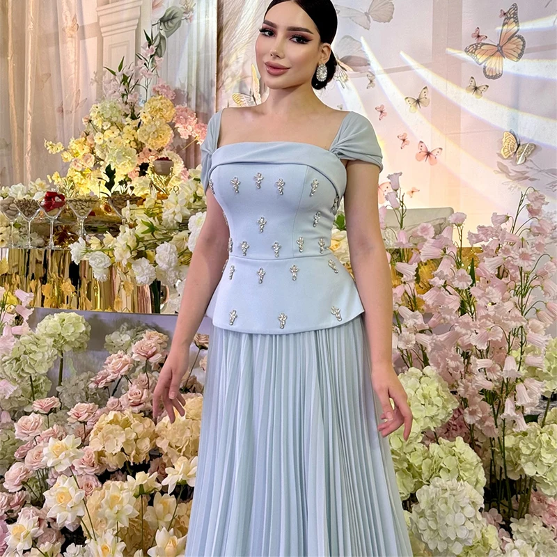 Elegant Blue Satin Evening Dress Customized Beads Off Shoulder Prom Dress Crystal Pleat Zipper Back Formal Occasion Dress 2025