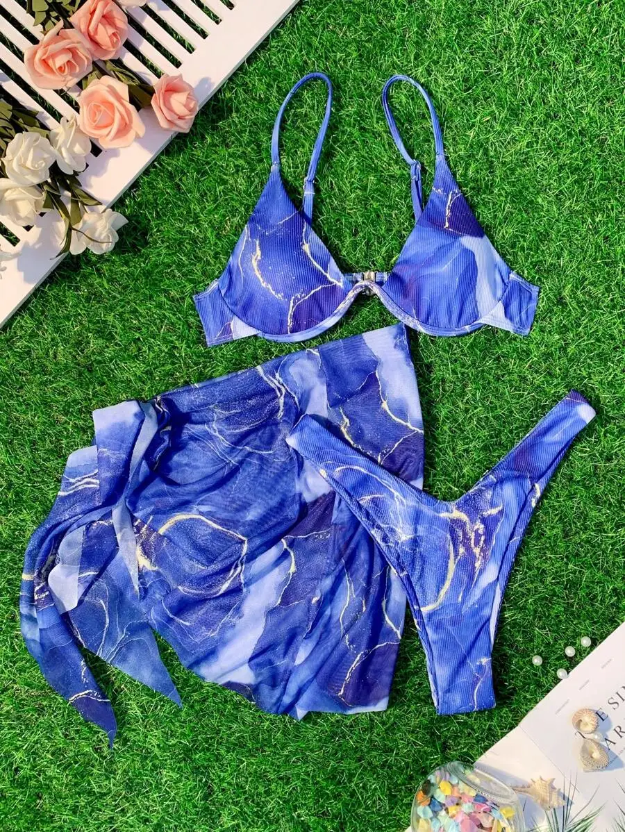 

Marble Print Underwire Bikini Set With Beach Skirt For Summer Beach