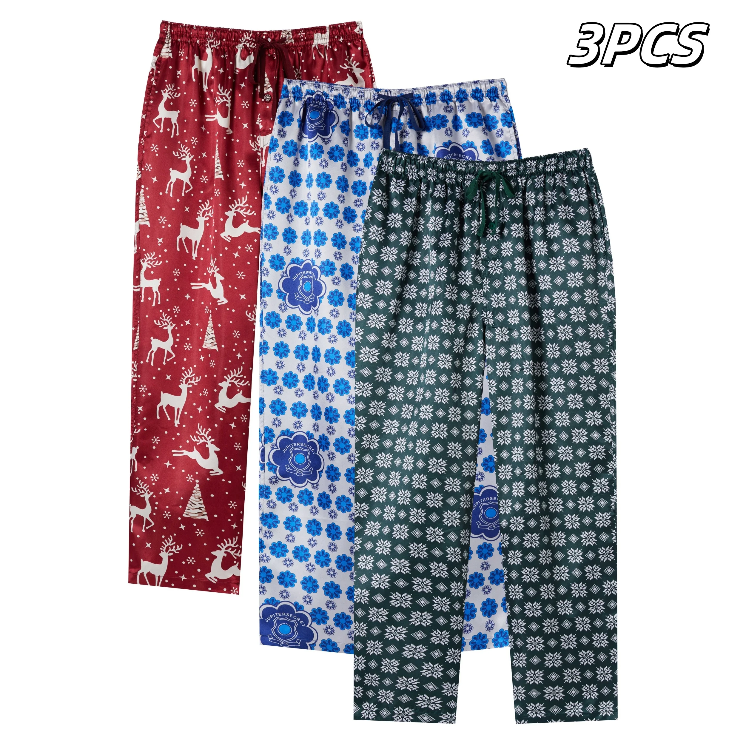 Men\'s 3 Pcs Satin Christmas Style Comfy Pajama Pants Fashion Elk Snowflake Print Loose Stretchy Homewear Sleeping Bottoms