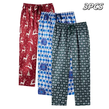 3-teilige Herren-Pyjamahose aus Satin im Weihnachtsstil, bequem, modisch, Elch-Schneeflocken-Druck, lockere, dehnbare Homewear-Schlafhose