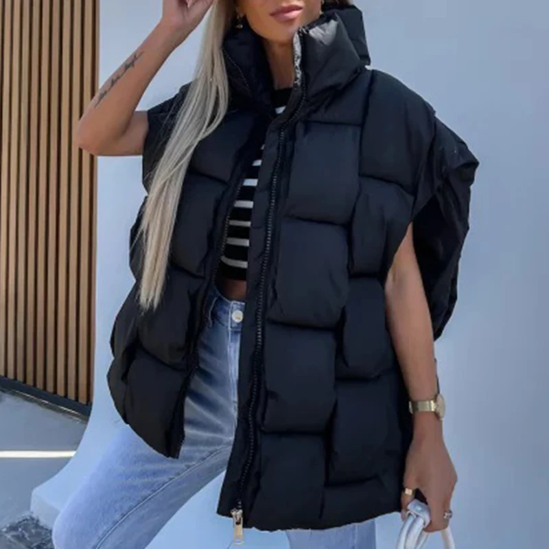 Stylish Lady 2024 Zipper Stand Collar Padded Jackets Women Fashion Warm Cotton Coats Autumn Winter Solid Sleeveless Vest Outwear