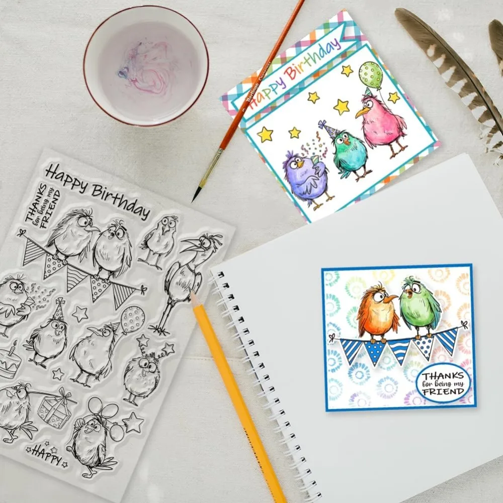 Cartoon Bird Birthday Clear Stamps Birthday Gift Clear Stamp Comic Birds Silicone Stamps for Scrapbooking Photo Album Decorative