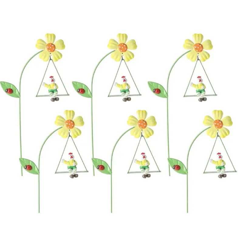AD23-Iron Garden Flowers 6Pcs Decorative Iron Plant Stakes 10.6 Inch Ornamental Yard Stakes With Cute Animals On Swings