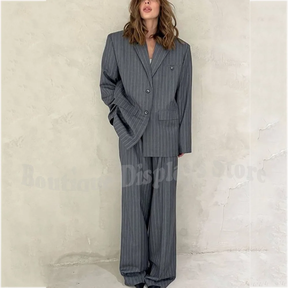 

Unique Grey Striped Women's Suit Loose Fit Casual Single Breasted Daily Fashion Modern Outfit Two Pieces Female Daily Wear