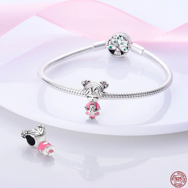 Fit Pandora Original Bracelet 100% Real 925 Sterling Silver Charm Girls Pink Sister Lover Pendants Cute Queen DIY Jewelry