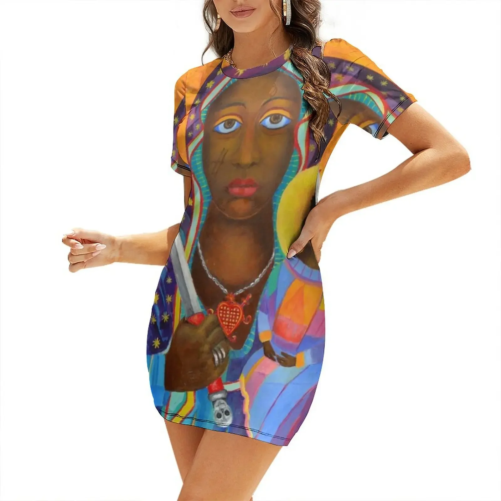 

Erzulie Dantor, Haitian voodoo art, Erzulie Dantor, Vodoo art. Erzulie Danto painting. Danthor or Ezili pict Short-Sleeved Dress