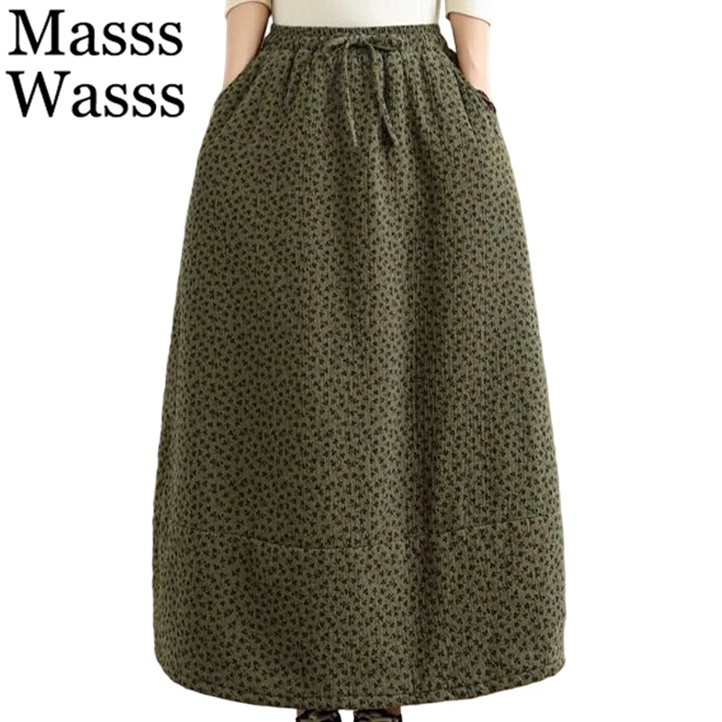 Masss Wasss 2026 Winter Women Fashion Floral Padded Skirts Ladies Classic Loose Casual Vintage Warm A-line Elastic Waist Clothes