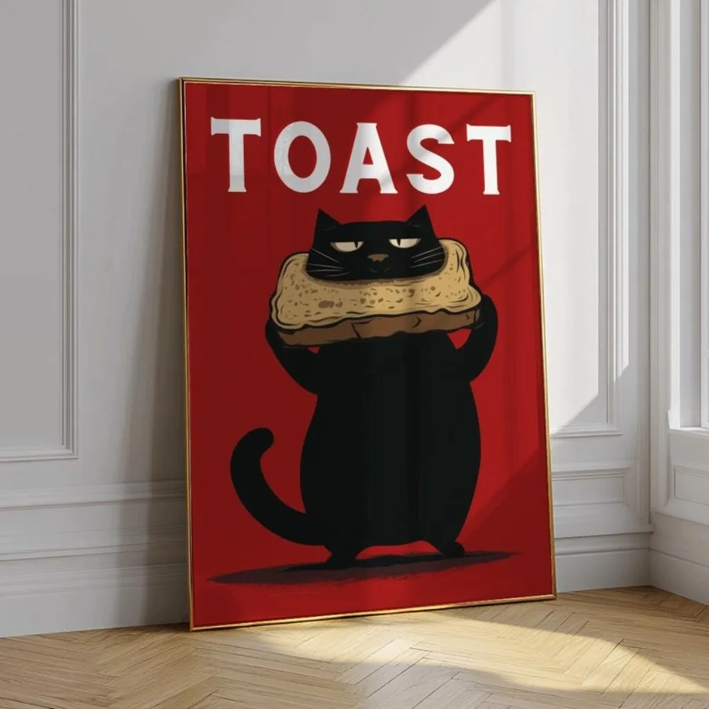 Black Cat Digital Wall Art Printing,Funny Cat Canvas Poster,Cute Kitten Illustration,Things Cats Do,Bread Wall Living Room Decor