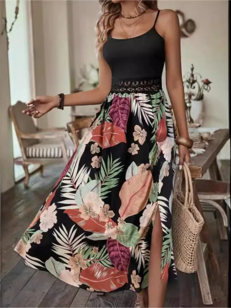 

Women's Dress New Spaghetti Strap Long Printed U-neck Pullover Sleeveless Skirt Bohemian Fitand Ankle-length Dresses For Women