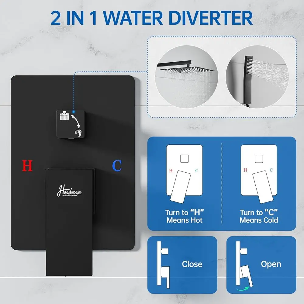 10 Matte Black Luxury Shower Set with Rain & Handheld, Wall-Mounted Stainless Steel & Brass Trim Kit