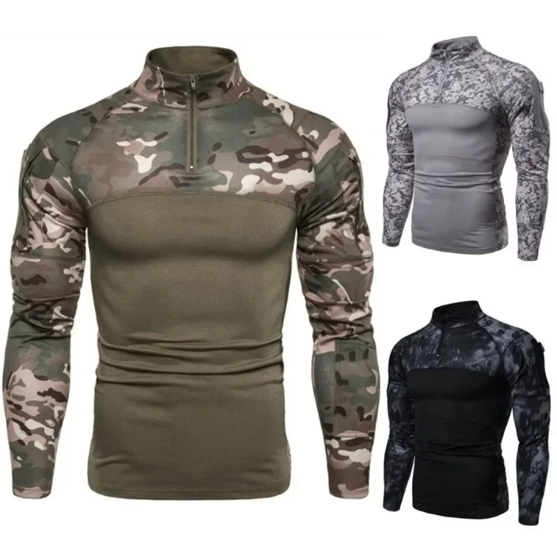 New Camouflage Men\'s T-Shirts Half Zipper Stand Neck Thick Fleece Shirts Outdoor Sports Athletic Tops Long Sleeve T shirts