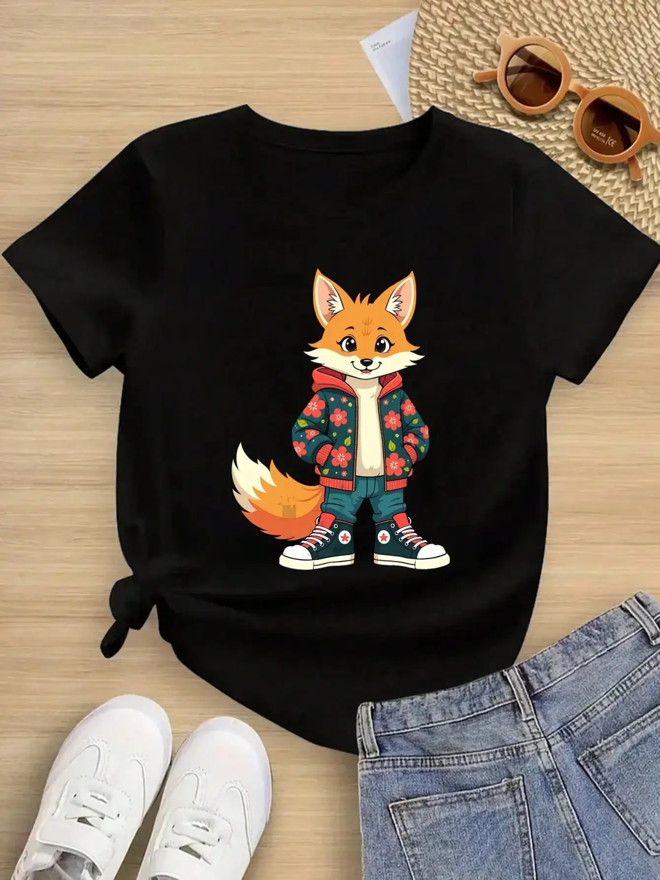 

Boys/Girls Summer Fox Cartoon Cotton Graphic Tees, Black Casual Style Summer Tops With Fox Character