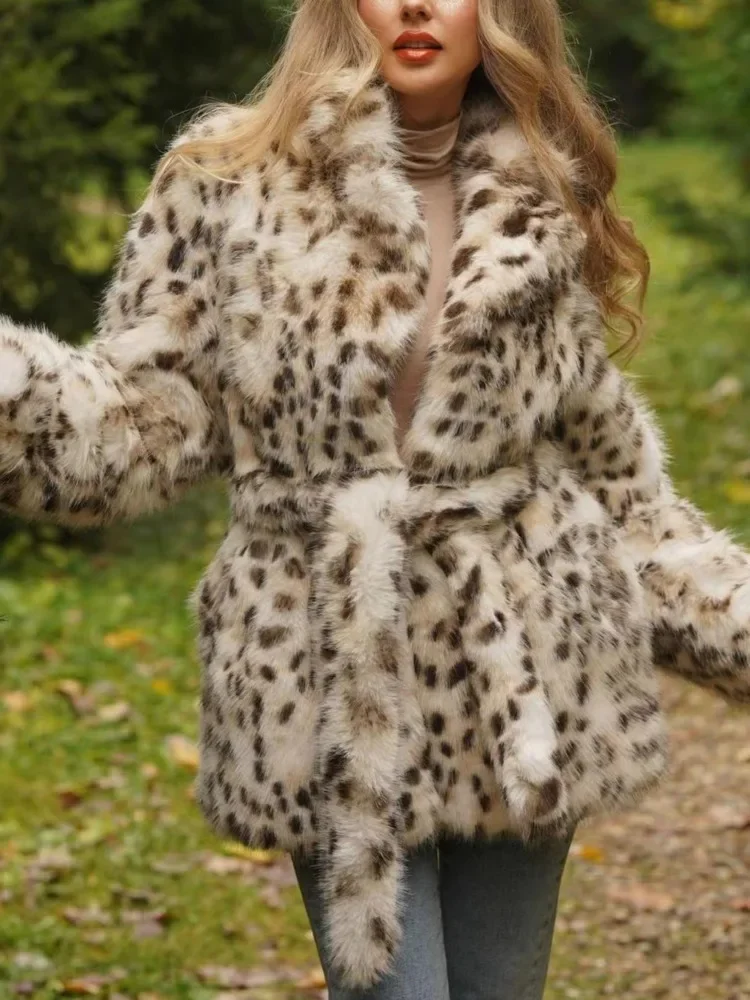 Leopard Warm Faux Fur Coat For Women Turn Down Collar Patchwork Sashes Pocket Coats Winter New Tide 2025 New