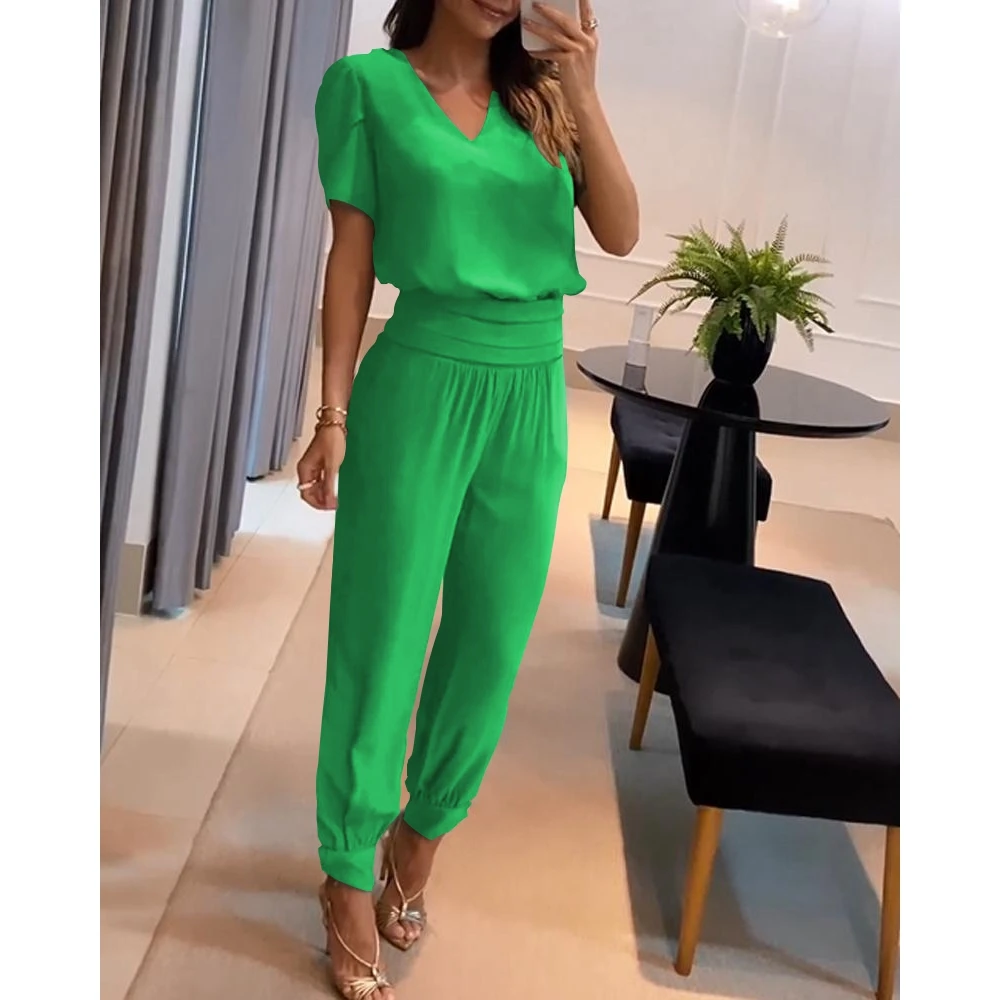 

Women Puff Short Sleeve Top & High Waist Cuffed Pants Set Casual Elegant Two-Piece Set Sport Outfit for Woman Blazer Suit Women