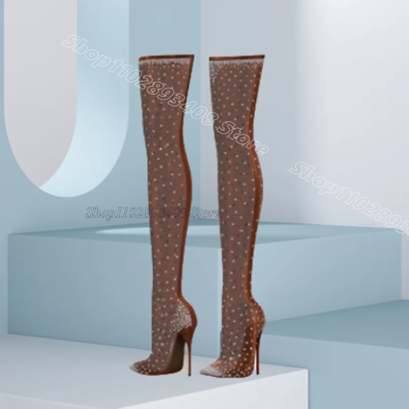 

Red Rhinestone Decor Sexy Boots Pointed Toe Solid British Style Party Dress Fashion Women Over Knee Boots Zapatos Para Mujere
