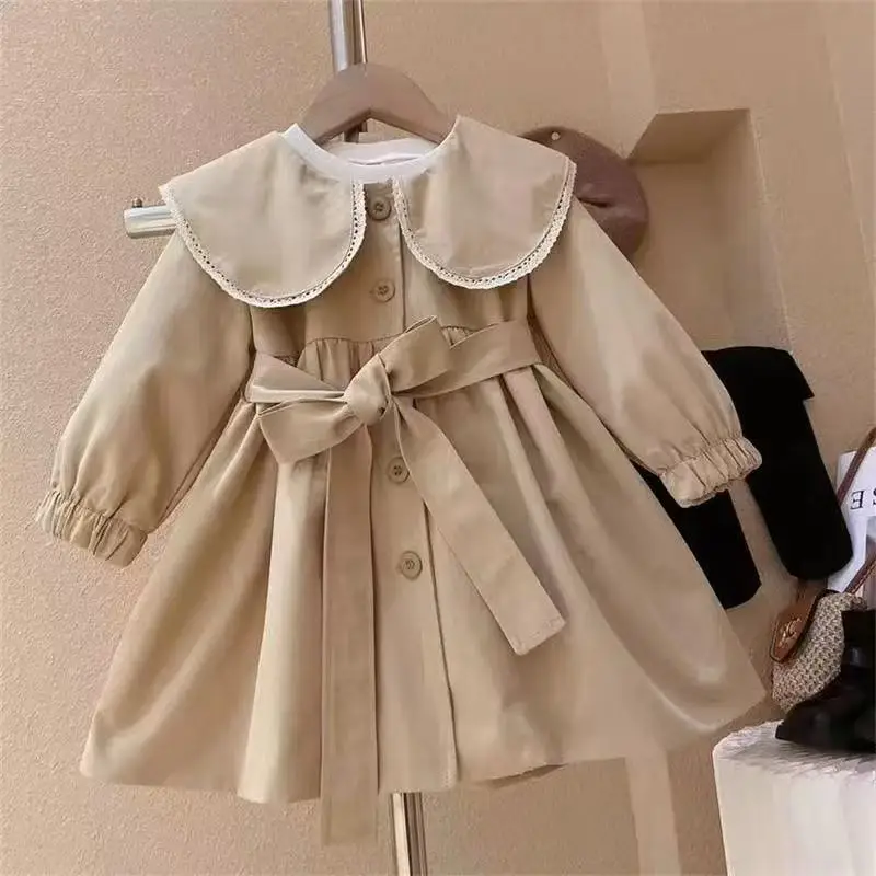 

2-7 Years Spring Autumn Fashion Girls Trench Long British Style Big Lapel Collar Single Breasted Design Windbreak Coat For Girl