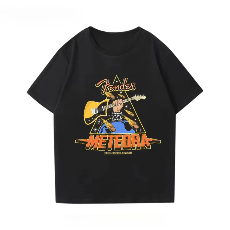 

2025 Rock Fender Electric Guitar Men Women Short Sleeve Print T-Shirt Guitarist Performance Wear Rock Band Cotton Crew Neck Tee