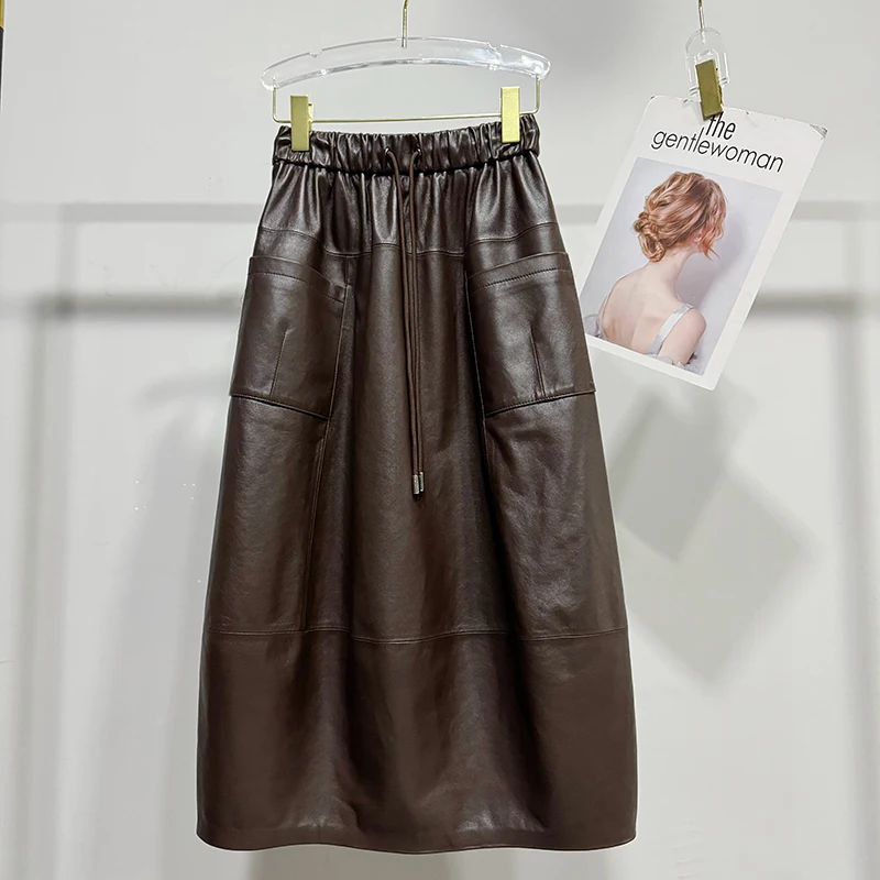Genuine Leather Skirt Autumn Fashion New Women Vegetable Tanned Sheepskin Elastic Waist Drawstring Coffee Long Flower Bud Skirts