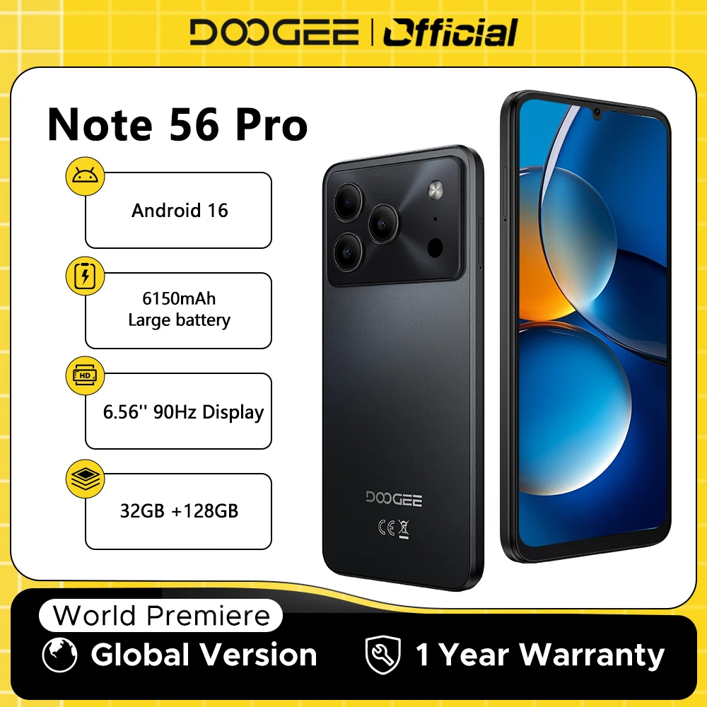 Global Version DOOGEE Note56 Pro Smartphone 32GB+128GB Android 16 6150mAh Battery 6.56'' 90Hz Screen NFC Cell Phone