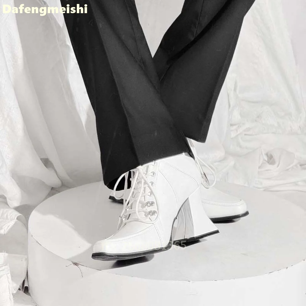 White Leather Square Toe Ankle Boots Front & Back Lace Up Block Heels Women Gothic Lolita Cosplay Daily Elegant Fashion Boots - view 2