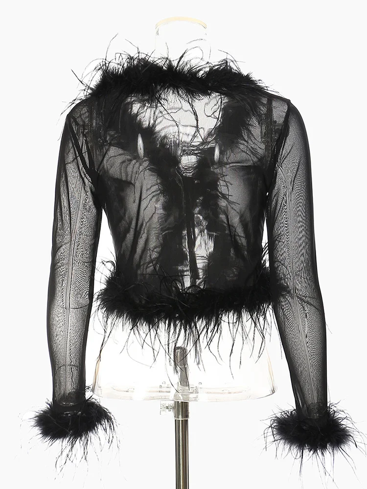

Women Black Mesh Feather Thin Blouse New V-neck Long Sleeve Loose Fit Shirt Fashion Tide Spring Autumn 2022 C363