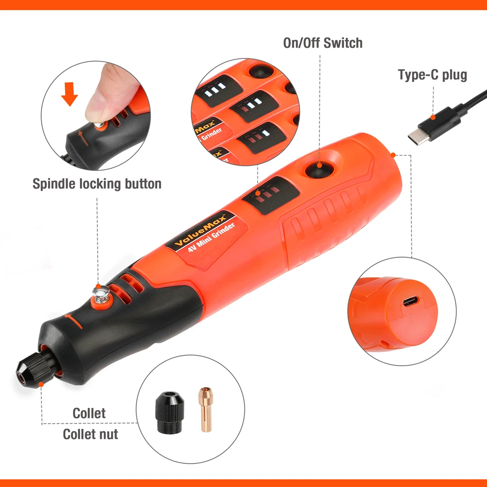 ValueMax 전기 미니 그라인더 세트, 드릴 USB 충전 회전 도구, 조각 액세서리 키트 포함, DIY 연삭 연마용, 4V