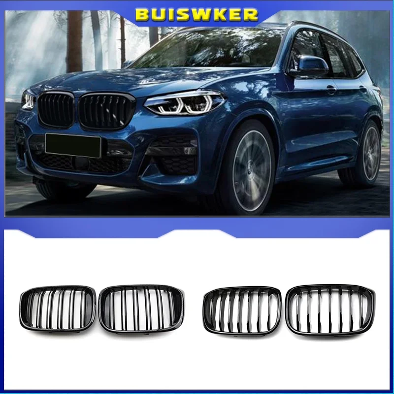 

2Pcs Car Front Hood Kidney Grille Grill Mesh Glossy Black Racing Grills For-BMW X3 G01 X4 G02 2018 2019 2020