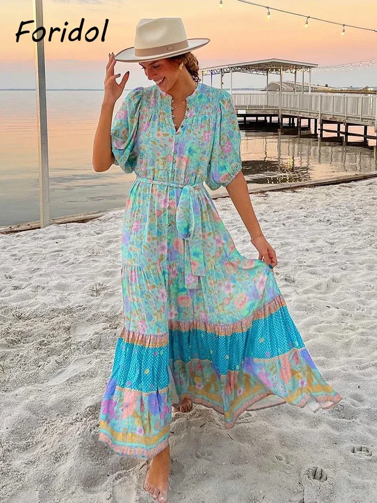 Foridol Single Breasted Bohemian Holiday Summer Women Dress Belt Casual Loose Maxi Floral Dress Short Sleeve Long Viscose Dress