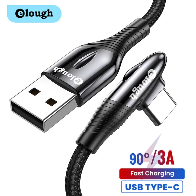 Elough USB C كابل 90 درجة 3A شاحن سريع USB نوع-C كابل 1 متر 2 متر لهواوي ماتي شاومي 12 سامسونج الهاتف المحمول USB-C الحبل