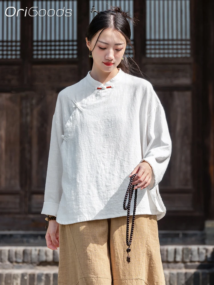 

OriGoods Chinese Style Shirt Women 2025 Summer New Long Sleeve Vintage National Style Blouse Top Japan Zen Nun Clothes C010