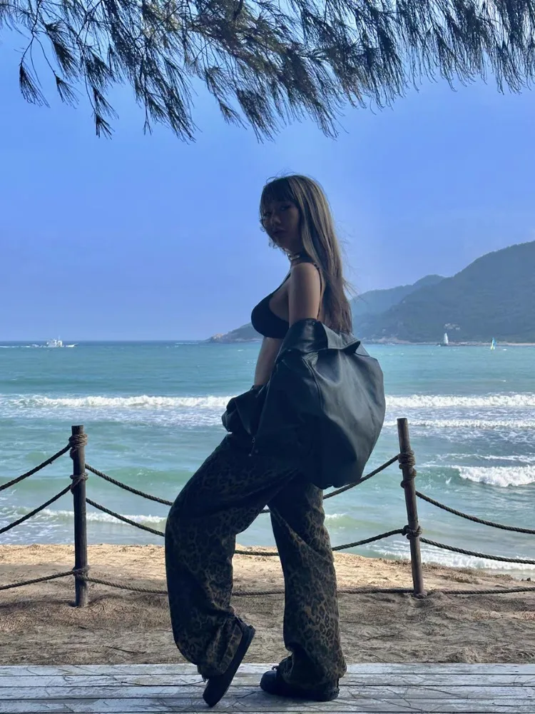 سراويل جينز فضفاضة واسعة الساق للنساء ، كلاسيكية ، كاجوال ، بنطلون عالي الخصر ، شارع ، فهد ، مستقيم ، موضة ، Y2K ، s