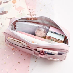 Bolsas de lápices escolares para chica doncella, suministros de papelería, estuche de lápices de lona púrpura Kawaii, insignia de Animal bonita, estuches de lápices rosas grandes
