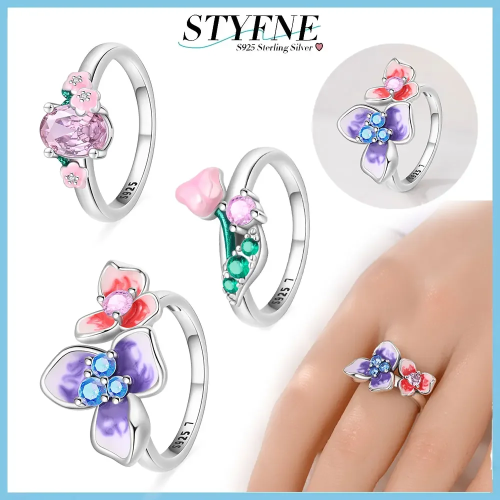 Sterling Silver 925 Enamel Pink Flower Series Tulip Original Ring 6-9 Size Temperament for Women Fine Jewelry Party Gift