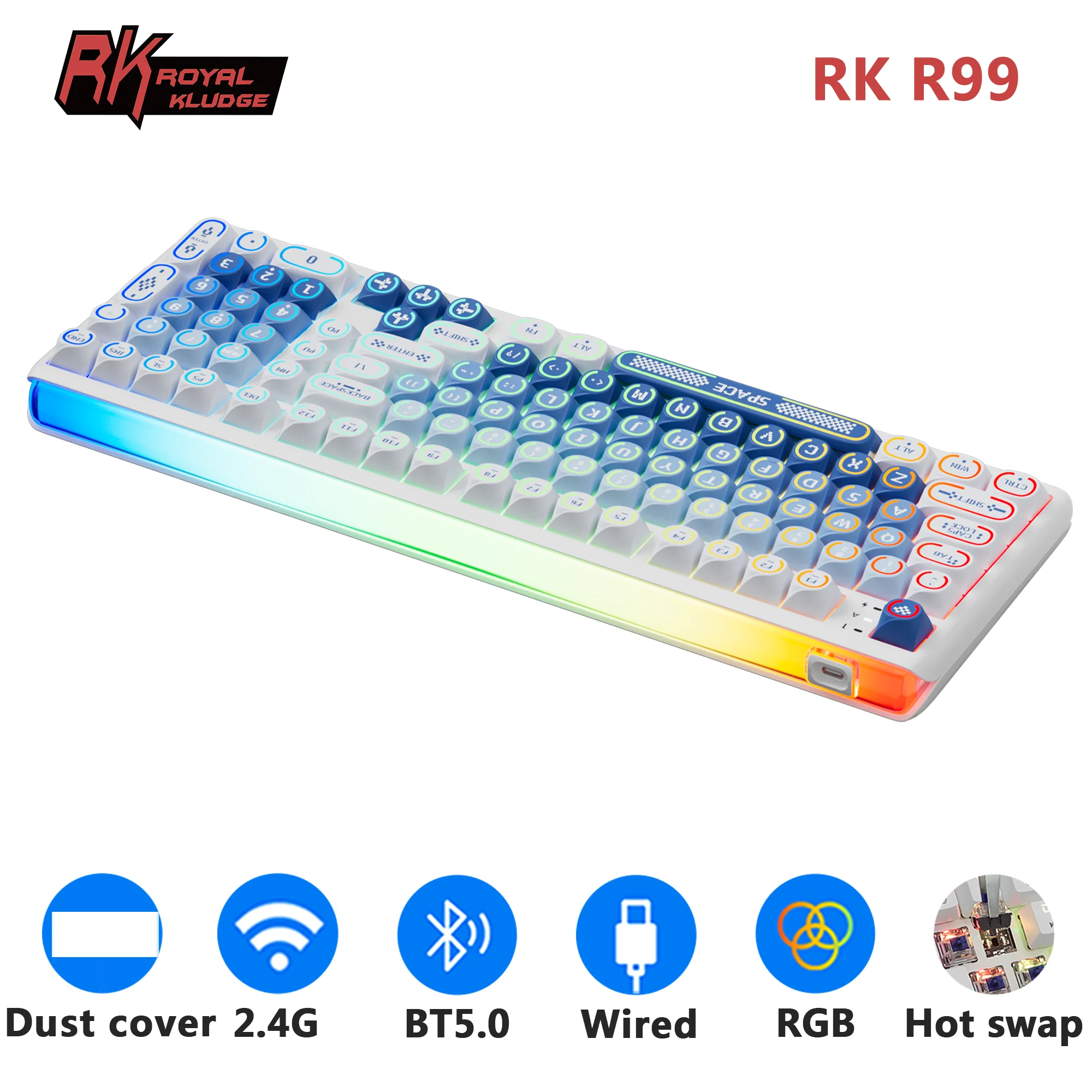 

ROYAL KLUDGE RKR99 Wireless Mechanical Keyboard 98% 101 Keys 8K Transparent PBT Keycaps Gasket RGB Hot-swappable Gamer Keyboard