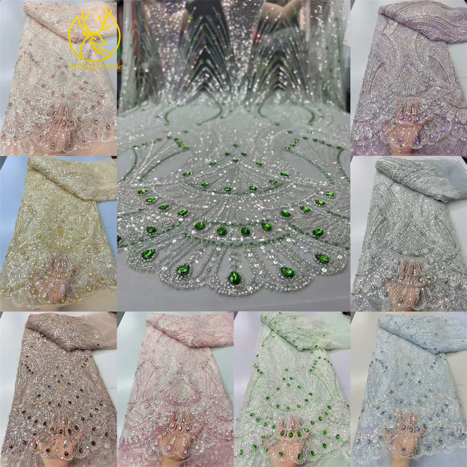 Neues Design Elegante französische nigerianische Diamant-Perlen-Spitze, rosa afrikanischer Pailletten-Netzstoff für Brautkleider zum Nähen – Detail 3