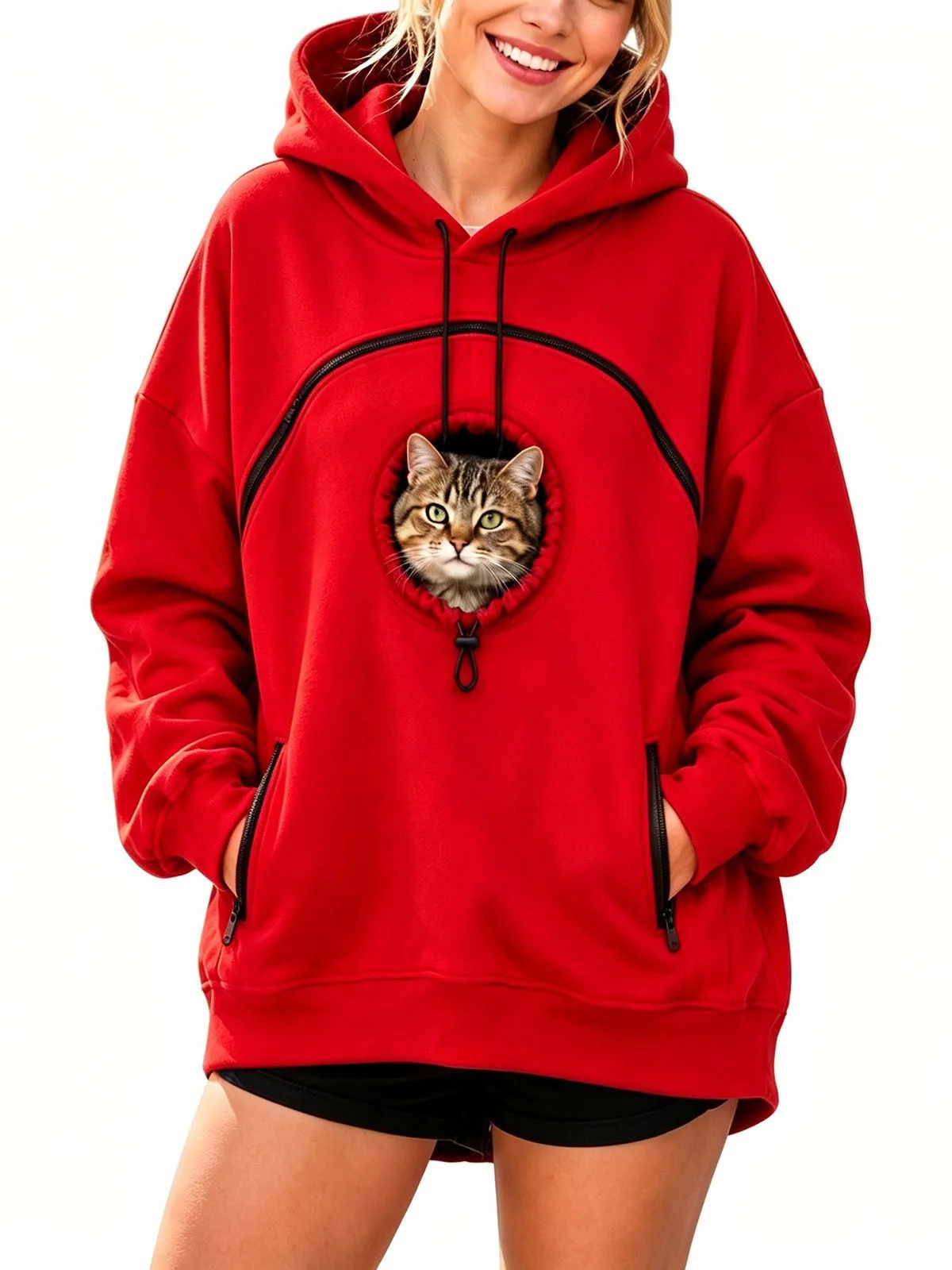 Personalized LOGO Customized Women's Hooded Pet Cat Pocket Casual Sweater Zipper Long Sleeve Hooded Fleece Top