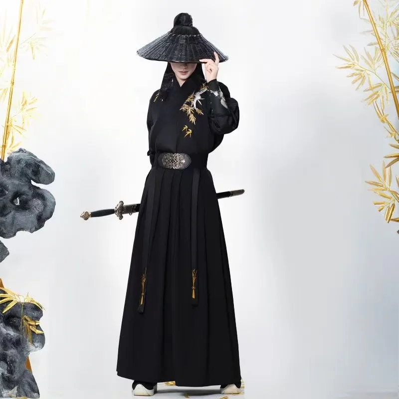 

Men's Black Hanfu Traditional Crane Bamboo Cross Collar Costume Teenagers MartialArt Swordsman Stage Suit Halloween Event Outfit