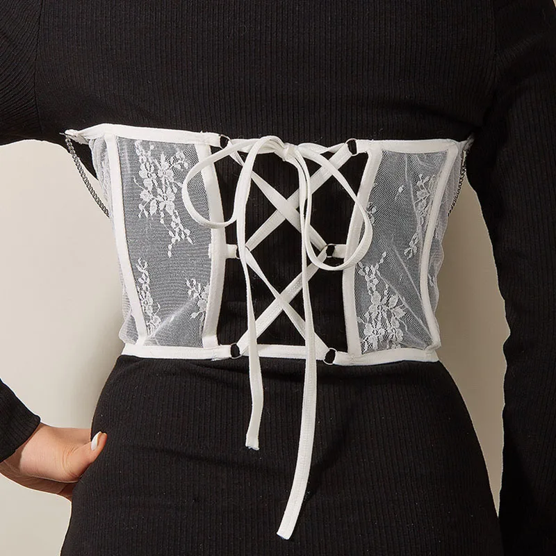 Sexy Corset Underbust Punk Metal Chain Black Women Top Curve Shaper Strap Slimming High Waist Belt Lace Bustiers