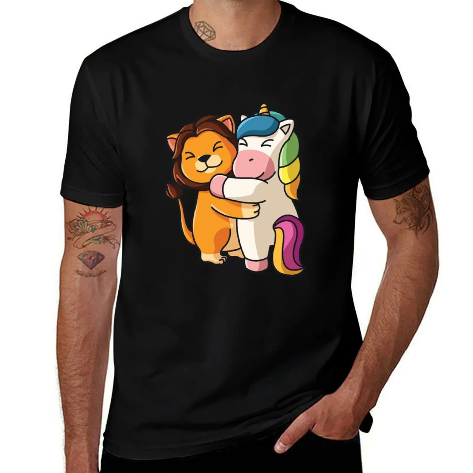 Lion hugging unicorn Hug Cuddle Animals T-Shirt anime t shirts for man T-Shirt
