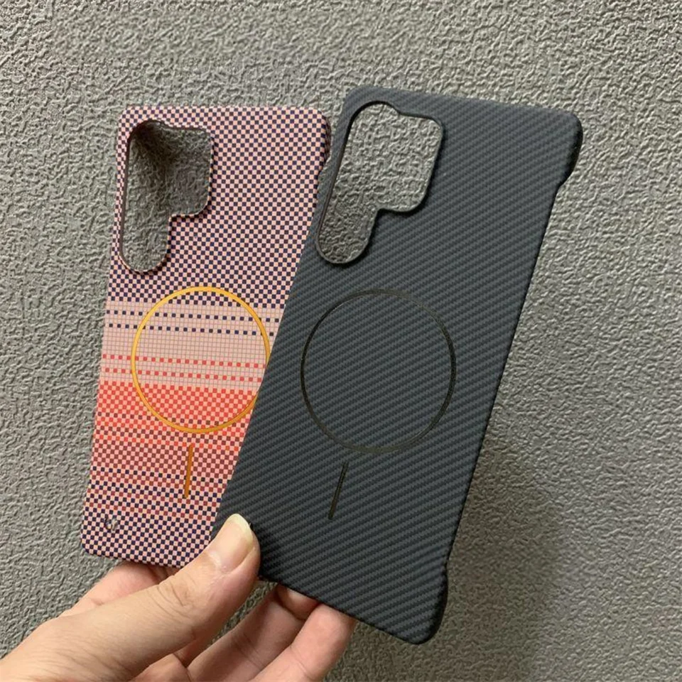 Funda magnética sin marco de fibra de carbono Kevlar para Samsung S26 S25 S24 S23 Ultra Plus, compatible con carga inalámbrica 2