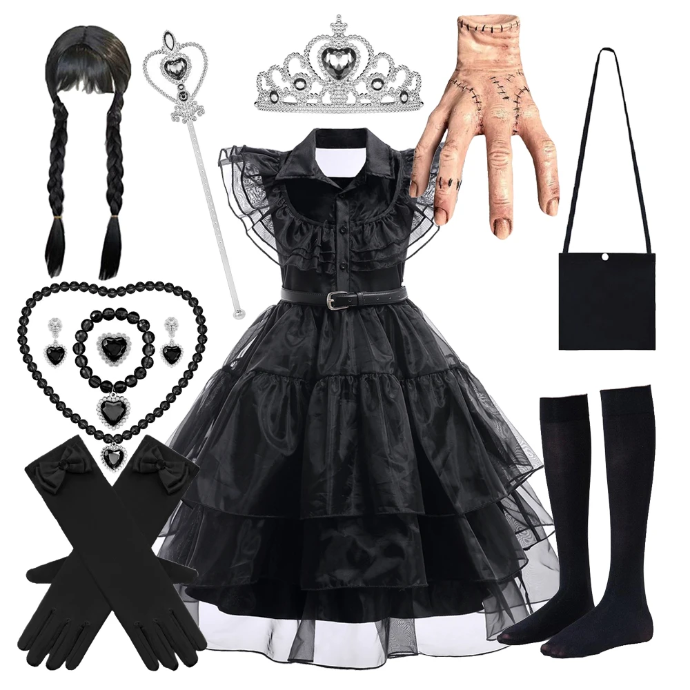 

Wednesday Addams Girl Dress Wednesday Addams Girl Costume Halloween Party Black Wig Hand Bag Cosplay Carnival Easter Kids Dress