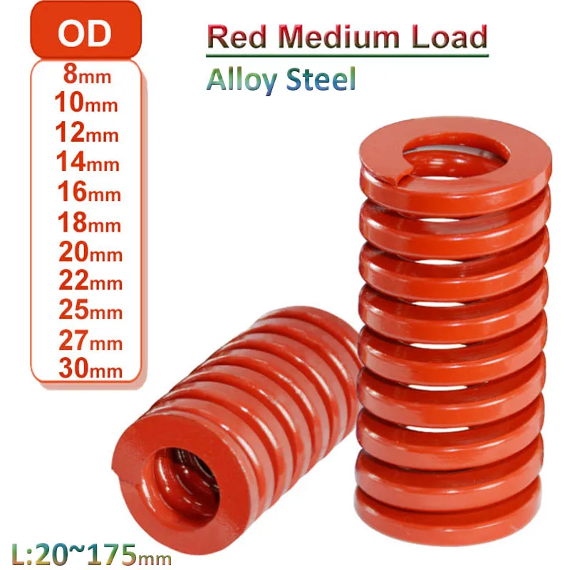 Red Compression Mould Die Spring Medium Load Spiral Stamping Alloy Steel OD 8 10 12 14 16 18 20 22 25 27 30mm Length 20mm-175mm