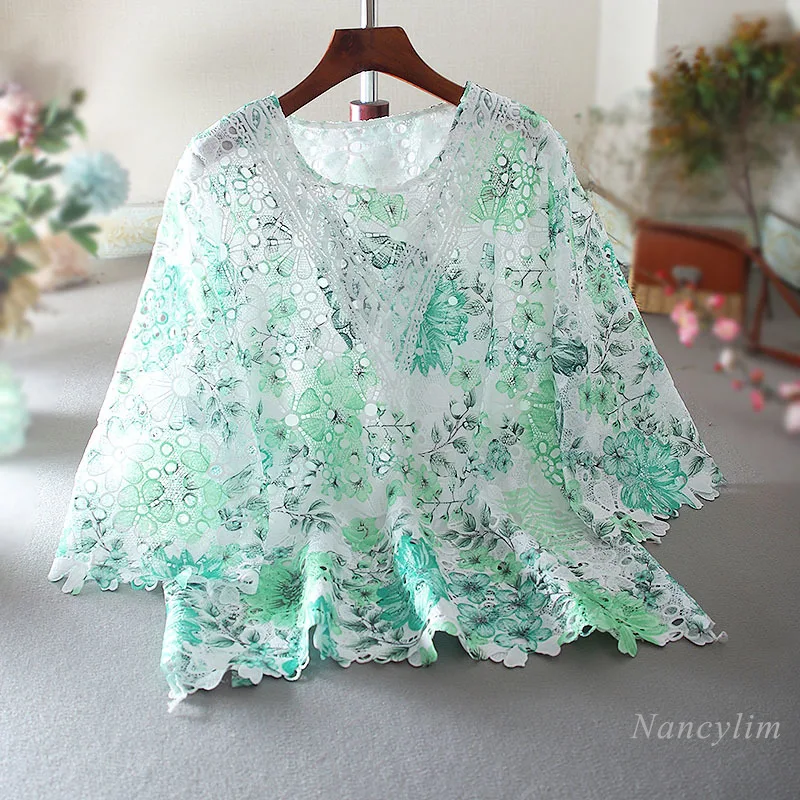 

Summer Floral High-Grade Slimming Lace Top Loose Mid-Length Printed Lace Shirt Cotton Casual Pull Blouse for Women