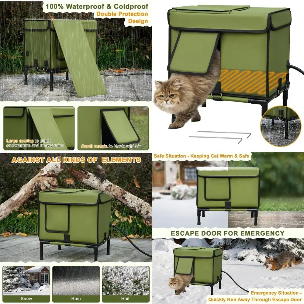 

Outdoor Winter Insulated Cat Shelter with Waterproof Heating Pad and Escape Door for Feral and Stray Cats (Army Green, 16.5x12.5