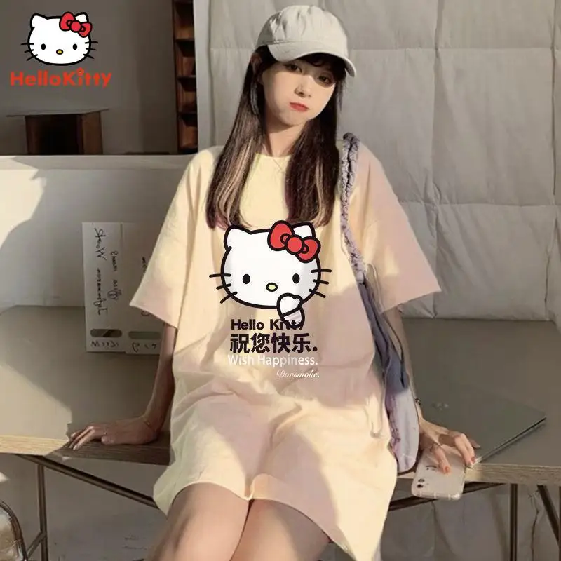 Women's Clothing Anime Cartoon Hellokitty Loose T-Shirt Dress Summer Short Sleeves Home Nightgown Pajamas Night Skirt Girl Gift