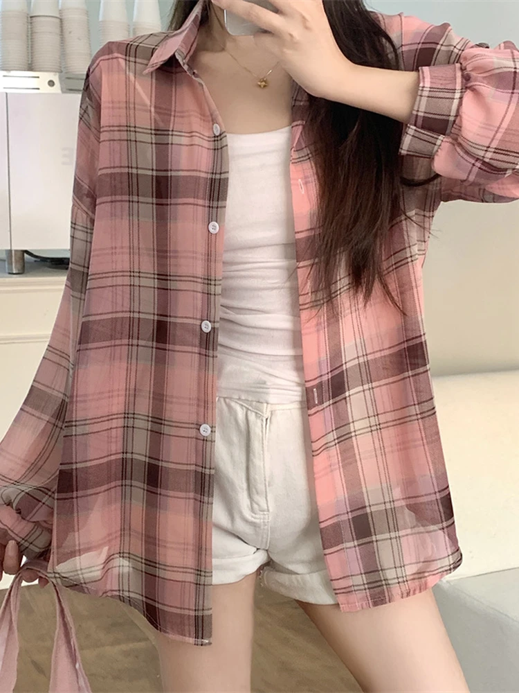 Summer Women's Plaid irt Loose Lazy Sle Air Conditioned Thin Casual Versatile Long Outerwear Cardigan Sun Protection Coat