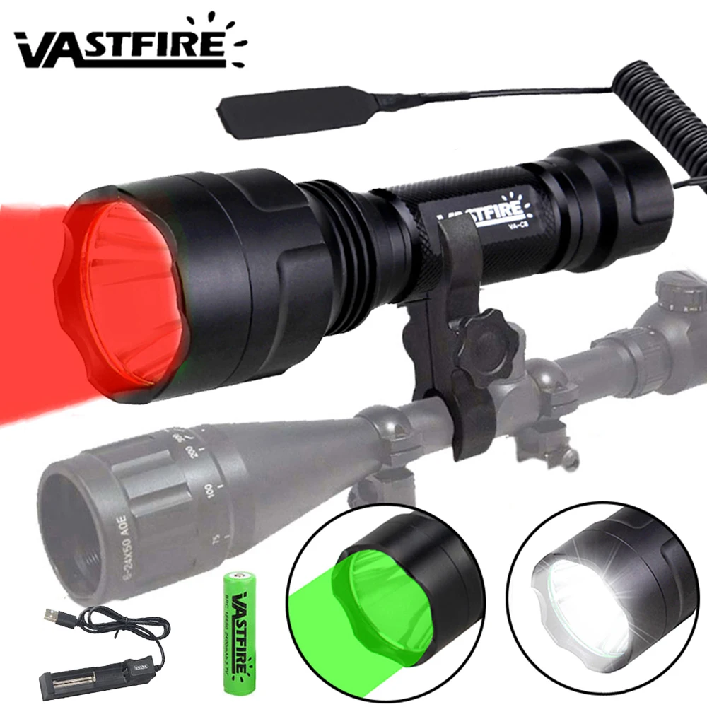 C8 Red Flashlight Hunting Green/Red/White Torch Tactical 1-Mode Powerful Predator Handheld Torch+Clip+Switch+18650+Charger Set