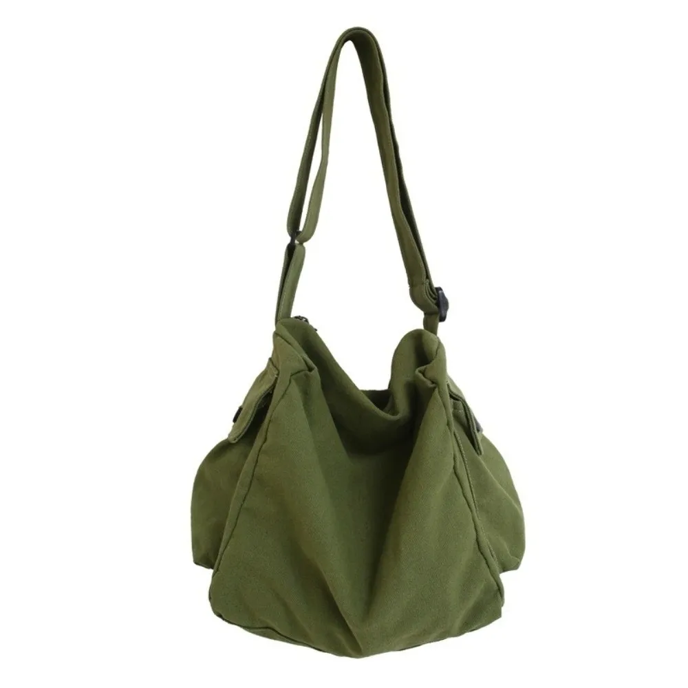 Fashion Canvas Messenger Bag Multi-pocket Solid Color Hobo Bag with Zipper Large Capacity Crossbody Bag