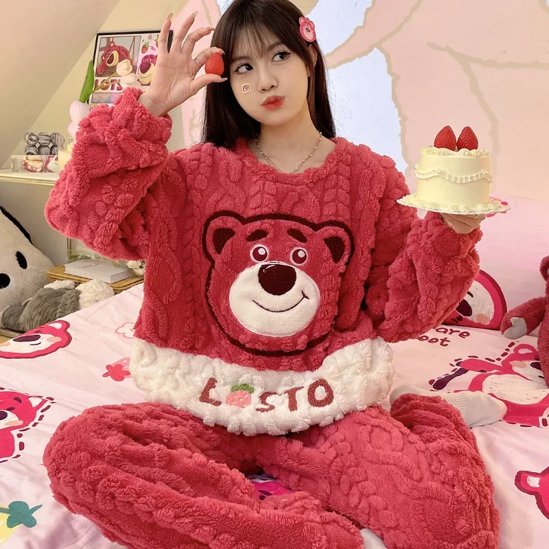 Sanrio strawberry bear cartoon autumn and winter flannel warm women's pajamas jacquard thickened round neck loungewear set